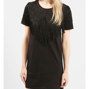 Topshop Women's Fringe Tassel Black Short Sleeve T-shirt Dress US 6 🖤